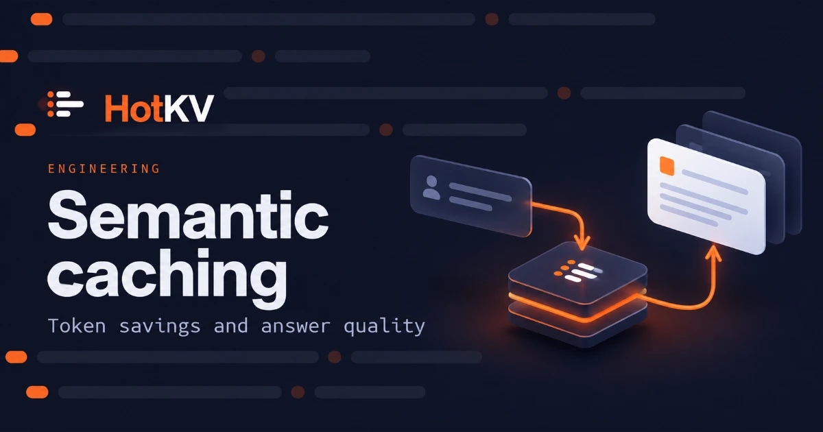 HotKV semantic caching: token savings and answer quality, illustrated by a cache lookup.